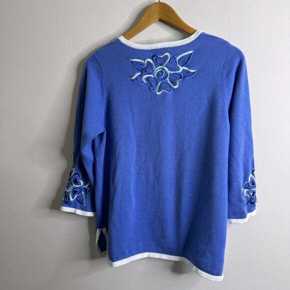 BOB MACKIE Wearable Art Blue Embroidered Cardigan Sweater Cutout Floral Granny S - Picture 4 of 16